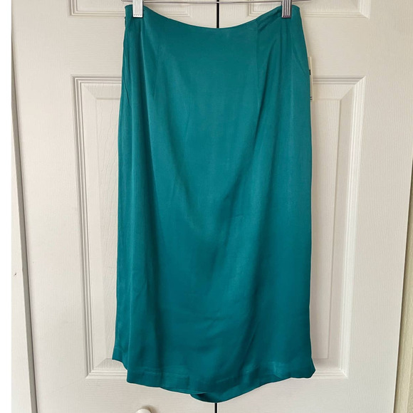 NWT Anthropologie Turquoise Satin Knee-Length Faux Wrap Skirt • Size 0 🗣 - Picture 4 of 4